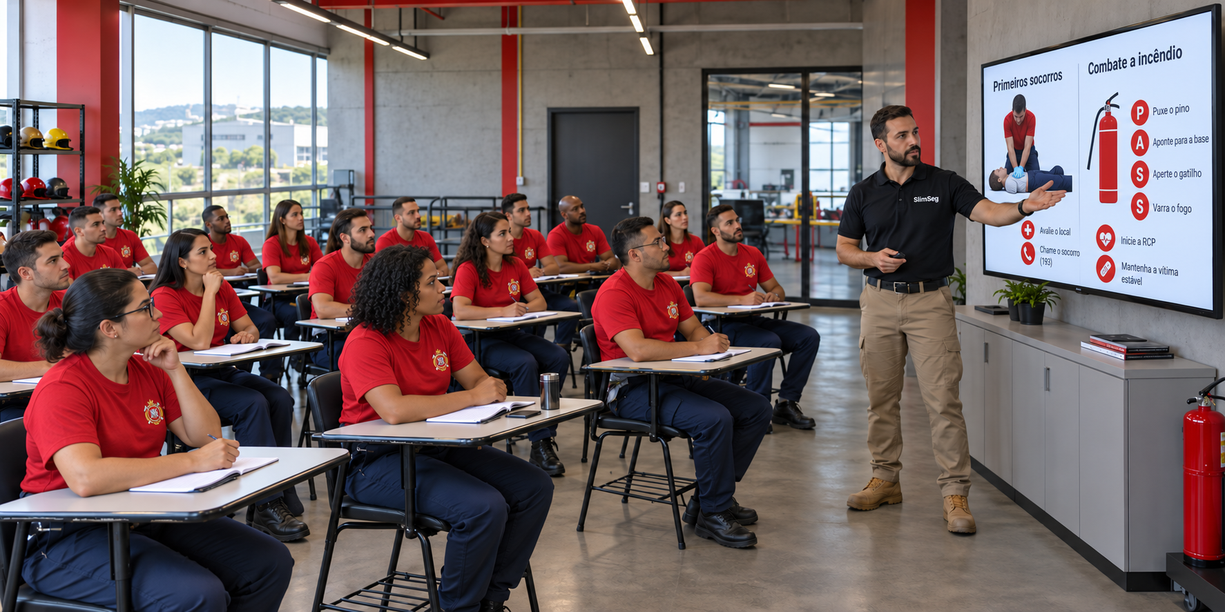 Instrutor apresentando primeiros socorros e combate a incêndio para quinze alunos