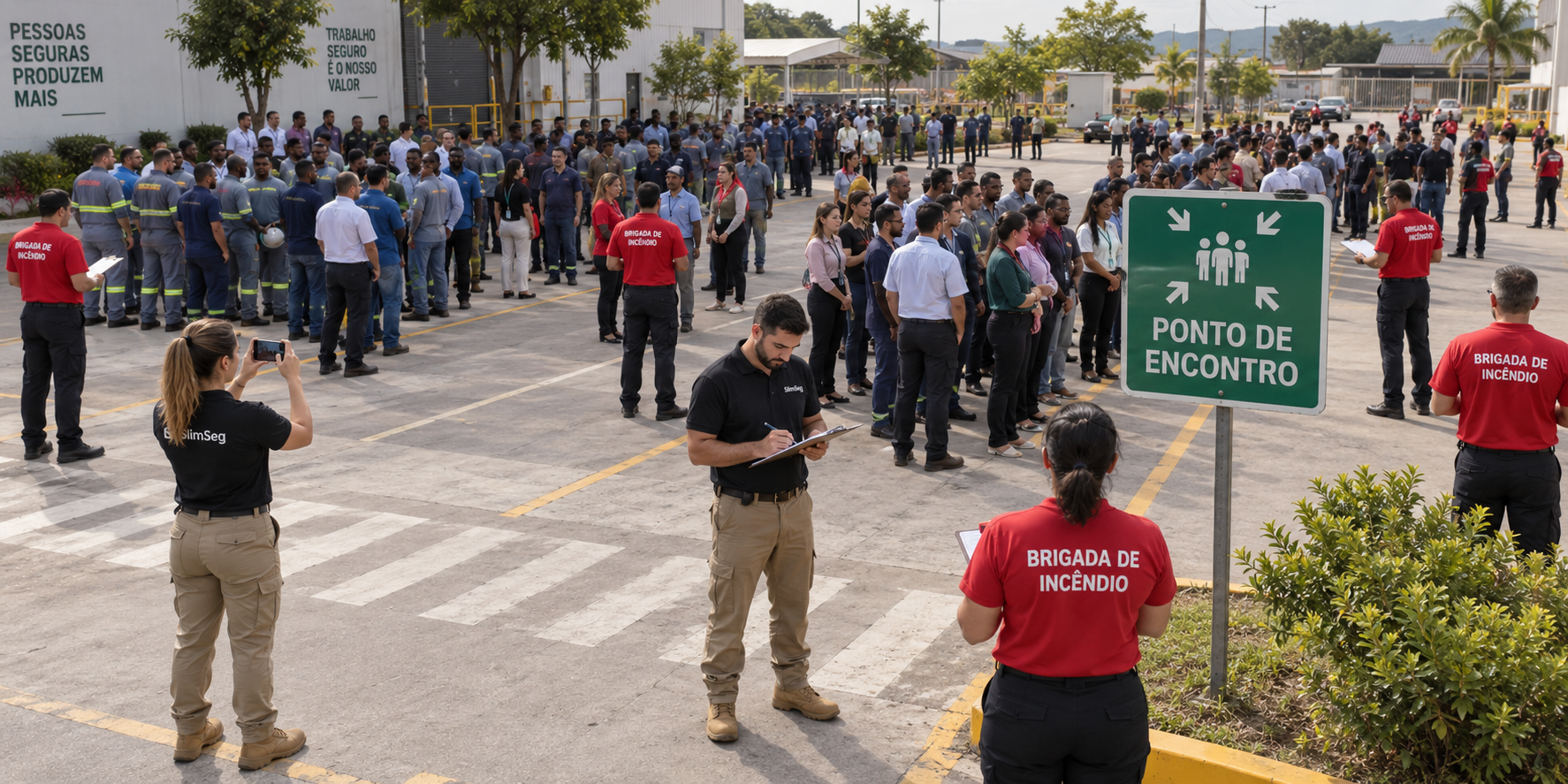 Simulado geral de evacuação em ponto de encontro industrial