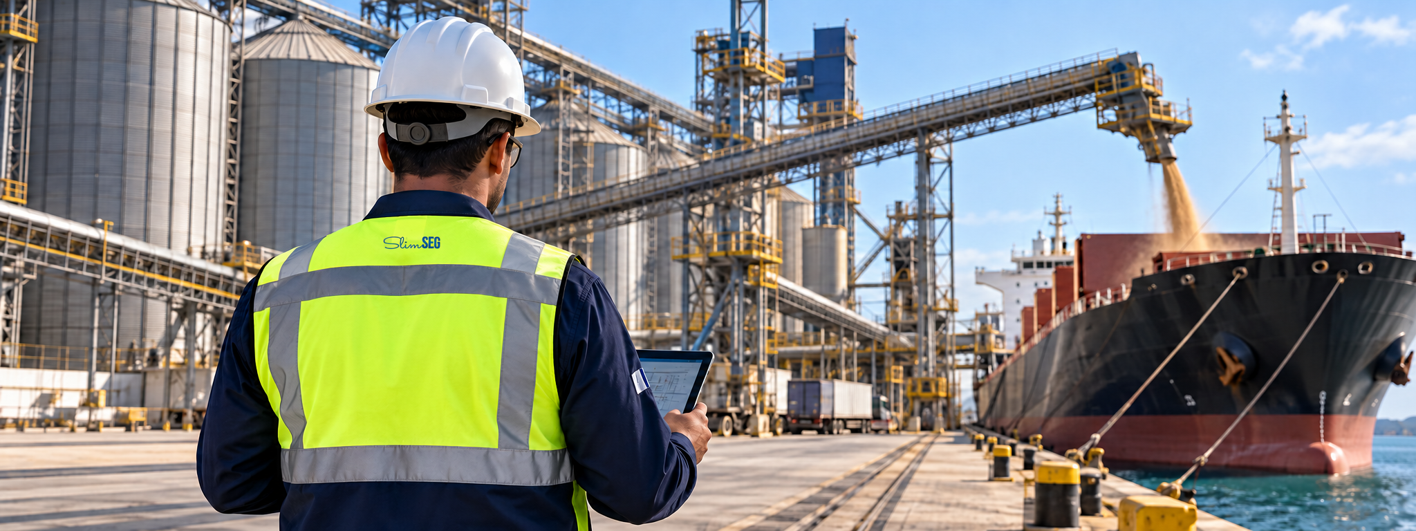 Profissional da SlimSeg em um terminal industrial com silos e transportadores