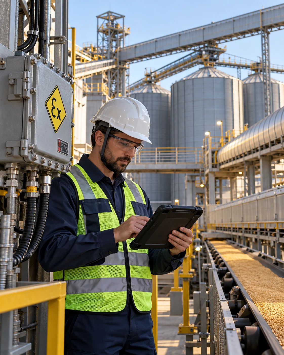 Cena ilustrativa de auditor verificando equipamento Ex junto a silos de grãos