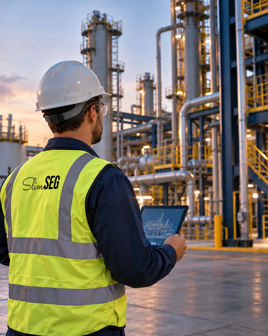 Cena ilustrativa de consultor SlimSeg com colete refletivo e tablet em inspeção industrial