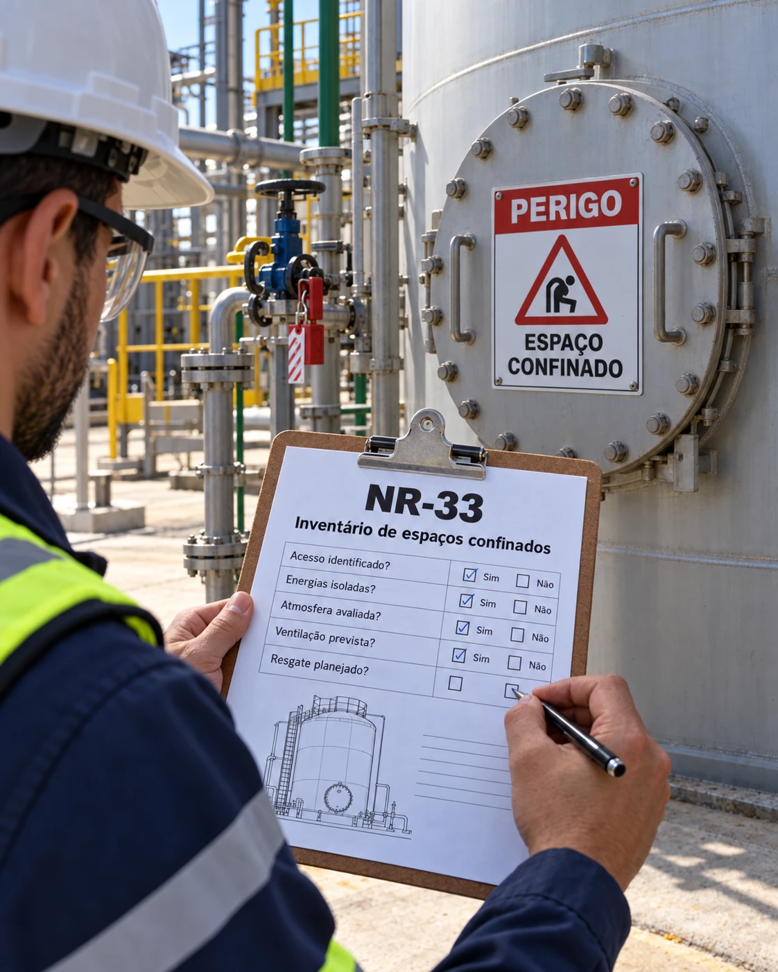 Cena ilustrativa de inventário NR-33 em tanque químico, com formulário A4 na prancheta e sinalização de perigo no acesso