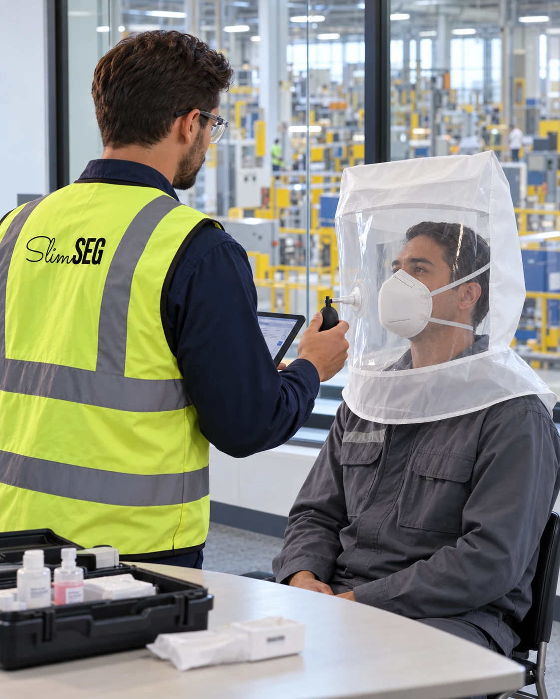 Cena ilustrativa de consultor SlimSeg conduzindo Fit Test com trabalhador, capuz e nebulizador em sala de treinamento industrial