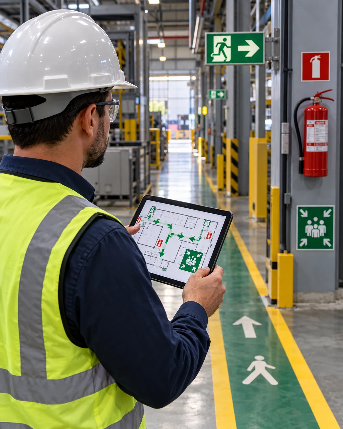 Cena ilustrativa de verificação de rotas de fuga e sinalização industrial