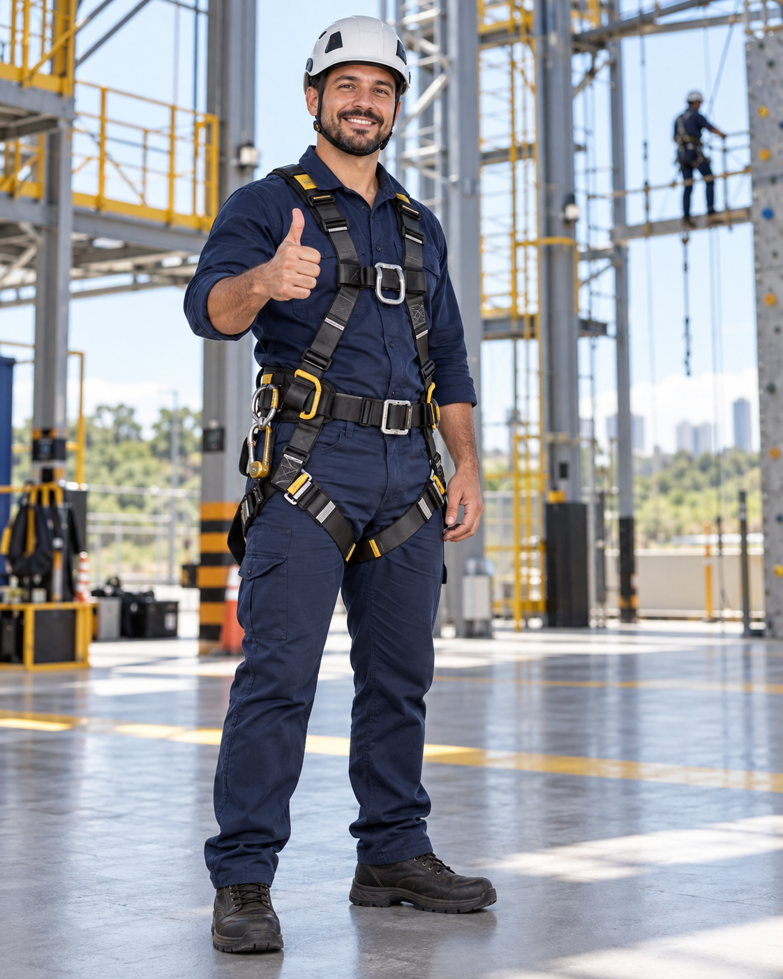 Técnico de segurança com cinto paraquedista e capacete alpinista fazendo sinal de positivo