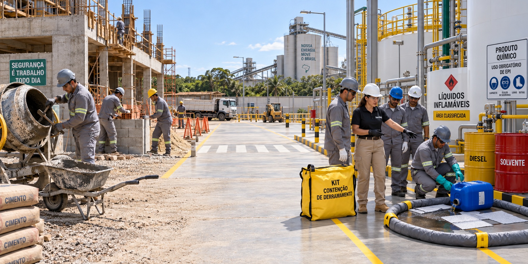 Orientação em obra e segurança com inflamáveis em ambiente industrial