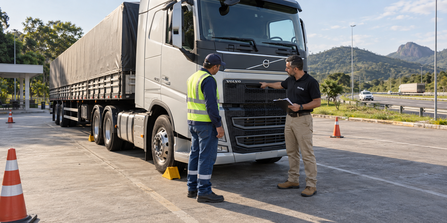 Treinamento de direção segura com caminhão e carreta